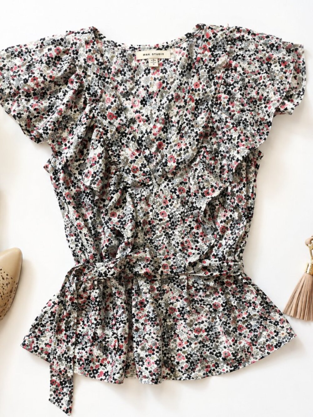 Max Studio Floral Ruffle Blouse Cottagecore Belted Peplum Top XS
